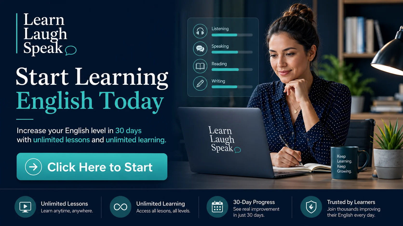 2026 Banner for Learn Laugh Speak steps to start learning