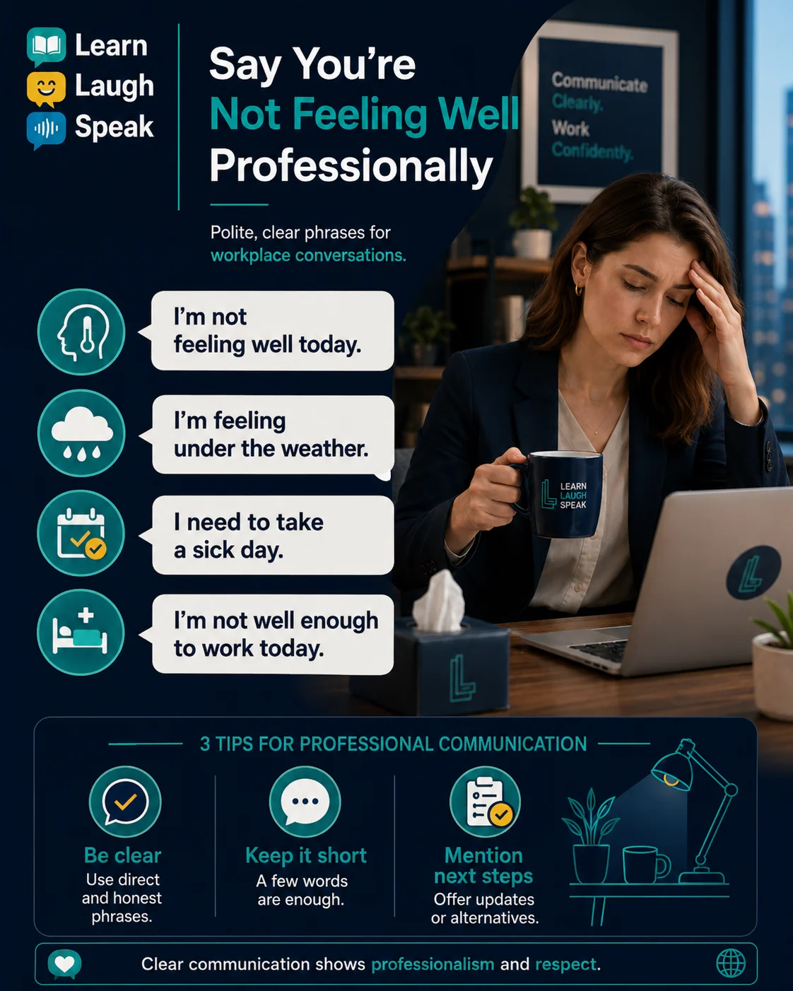 Infographic showing how to say you are not feeling well professionally in English with sick day phrases, email examples, and workplace messages.