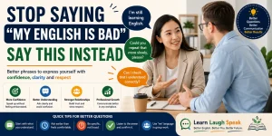 how to say my english is bad by learn laugh speak