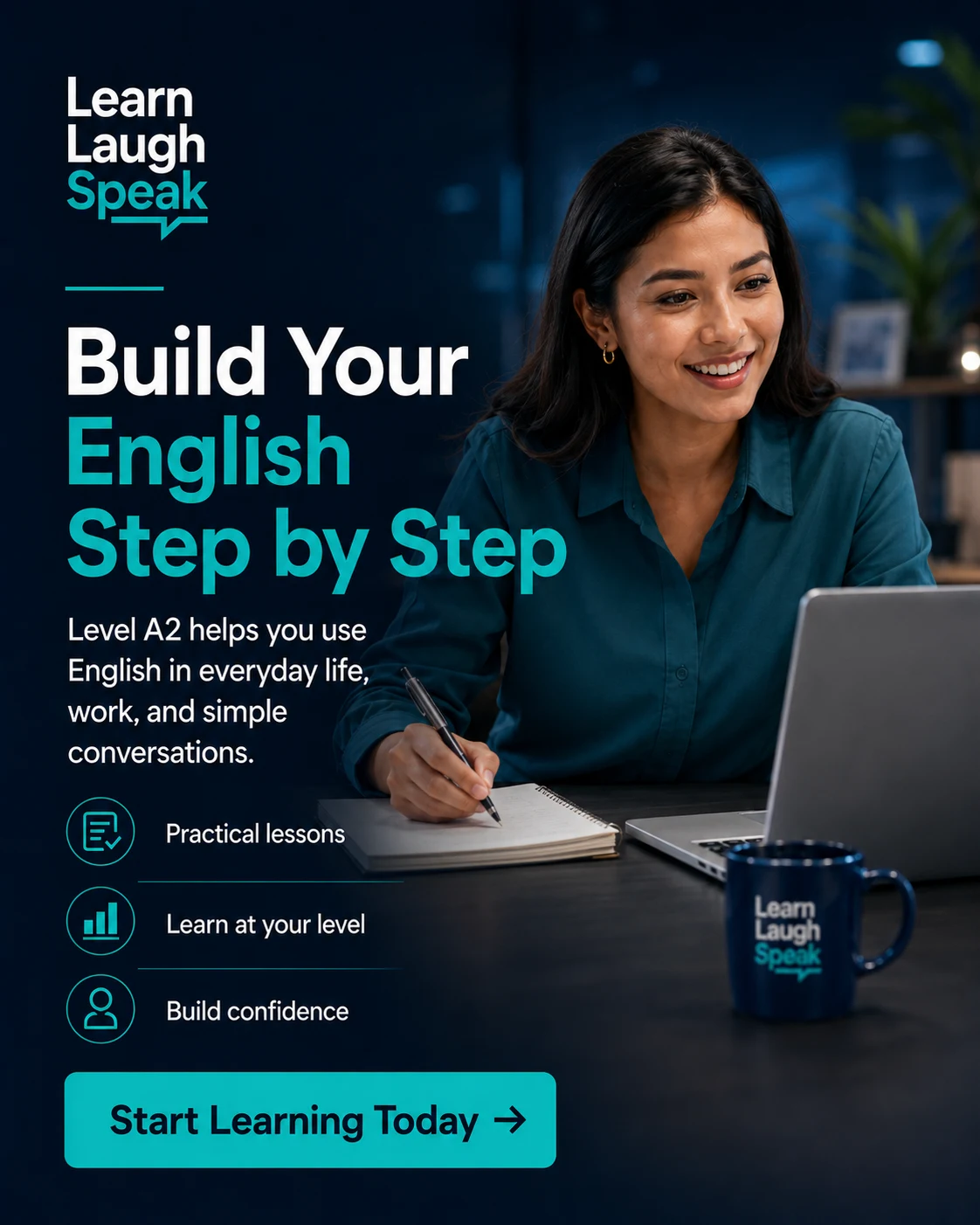 Learn Laugh Speak CTA image encouraging A2 English learners to improve step by step toward confident workplace communication.