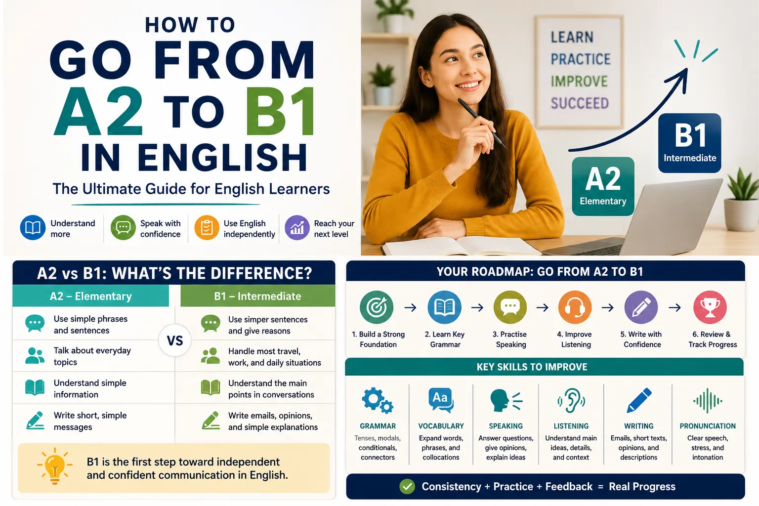 ultimate infographic on how to go from A2 to B1 for English students