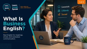 Learn Laugh Speak branded image showing adults improving business English skills for work, hospitality, international communication, and career growth.