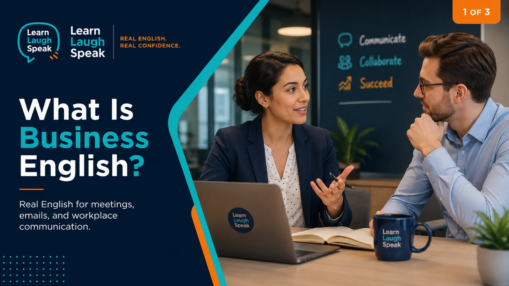 Learn Laugh Speak branded image showing adults improving business English skills for work, hospitality, international communication, and career growth.