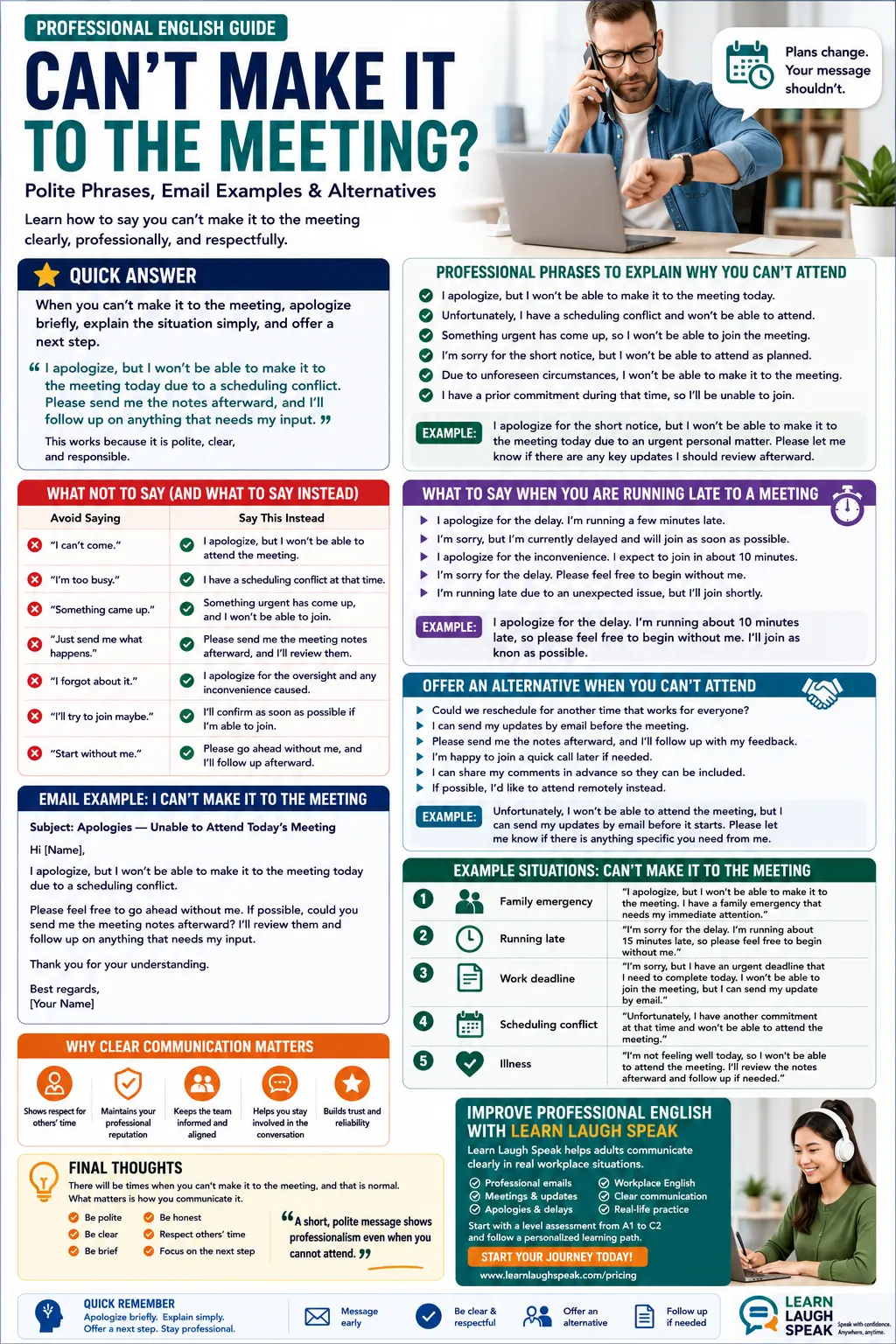 infographic for students on what to say when they can't make it to the meeting.