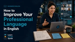 Blog banner for improving professional language in English with workplace communication and business English practice.