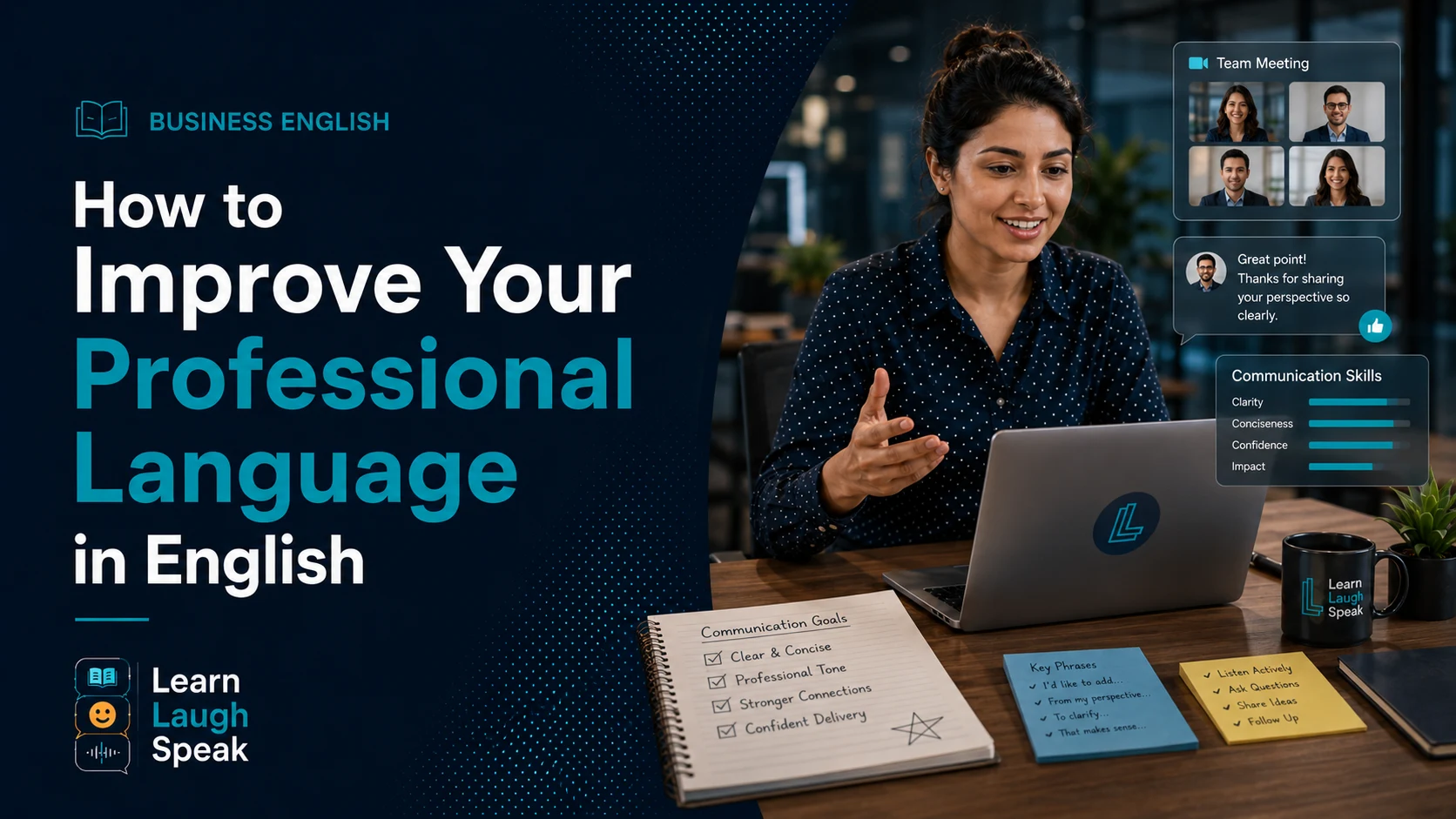 Blog banner for improving professional language in English with workplace communication and business English practice.