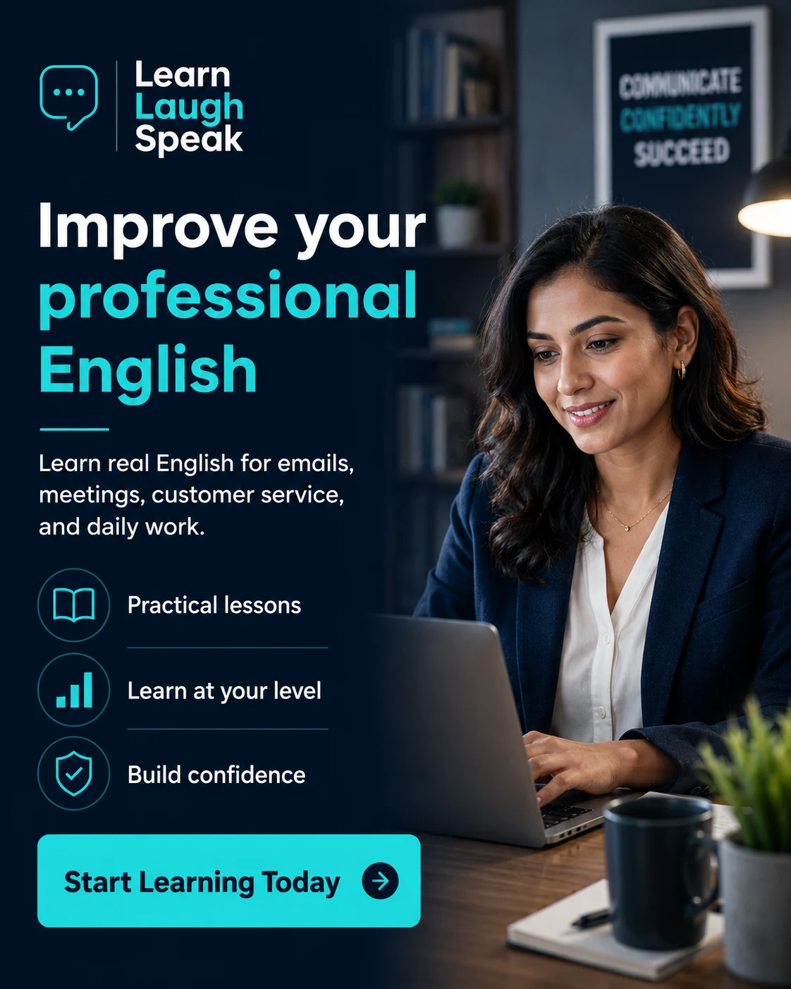 Learn Laugh Speak CTA image encouraging adult learners to improve professional English for emails, meetings, customer service, and daily work.