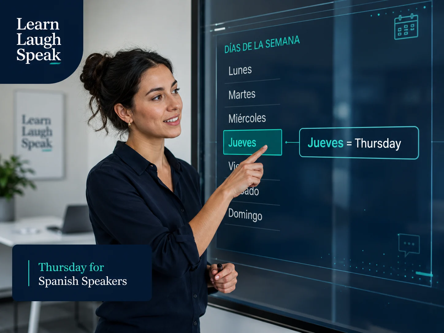 an adult teaching a class with a digital board explaining jueves is thursday