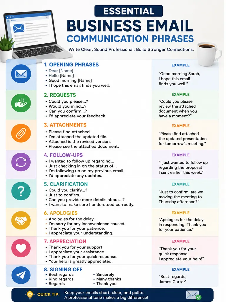 Essential business email communication phrases infographic with professional opening phrases, requests, attachments, follow-ups, clarification phrases, apologies, appreciation, and email sign-offs.