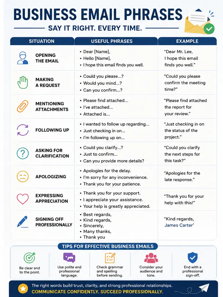 Business email communication phrases cheat sheet showing professional email phrases, workplace examples, follow-up wording, clarification questions, and professional email sign-offs.