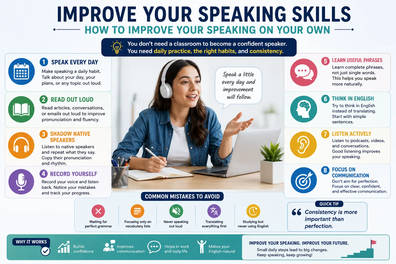 informative infographic for students trying to improve their English speaking on your own