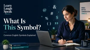 Student learning with learn laugh speak with symbols and on a computer
