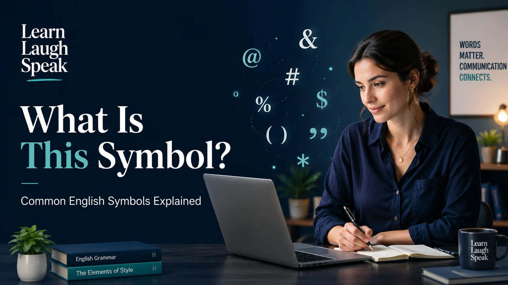 Student learning with learn laugh speak with symbols and on a computer