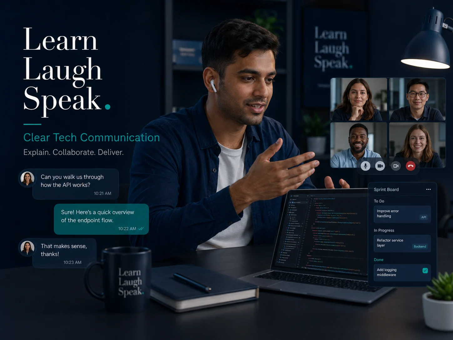 image of a person speaking to coworkers in a team of software developers