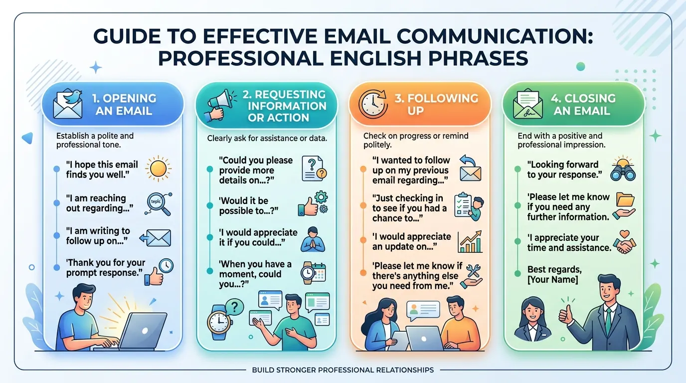 infographic on effective professional English phrases for email