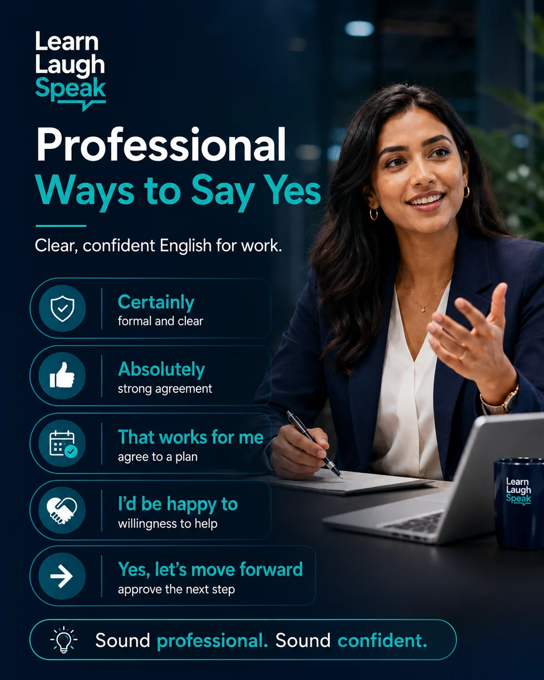 Infographic showing professional ways to say yes in English for meetings, emails, tasks, customer service, and workplace conversations.
