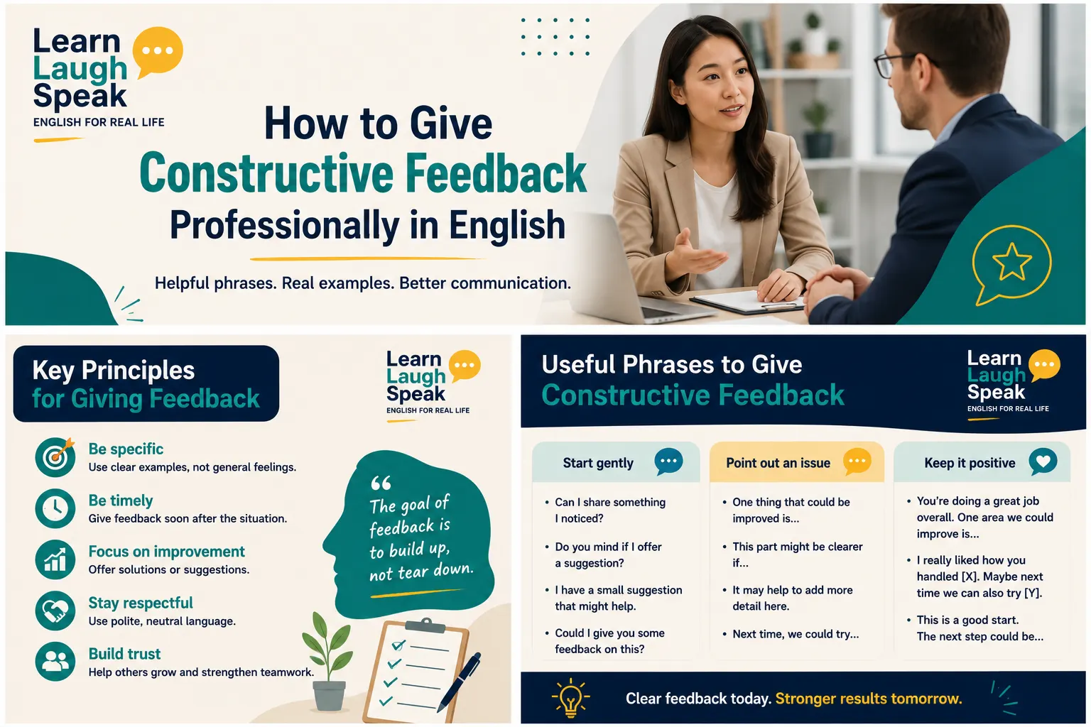 Adult English learner practising how to give constructive feedback professionally in English in a modern workplace meeting.