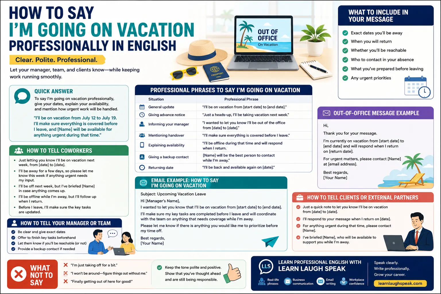 how to say i am going on vacation professionally in different situations infographic for students to download