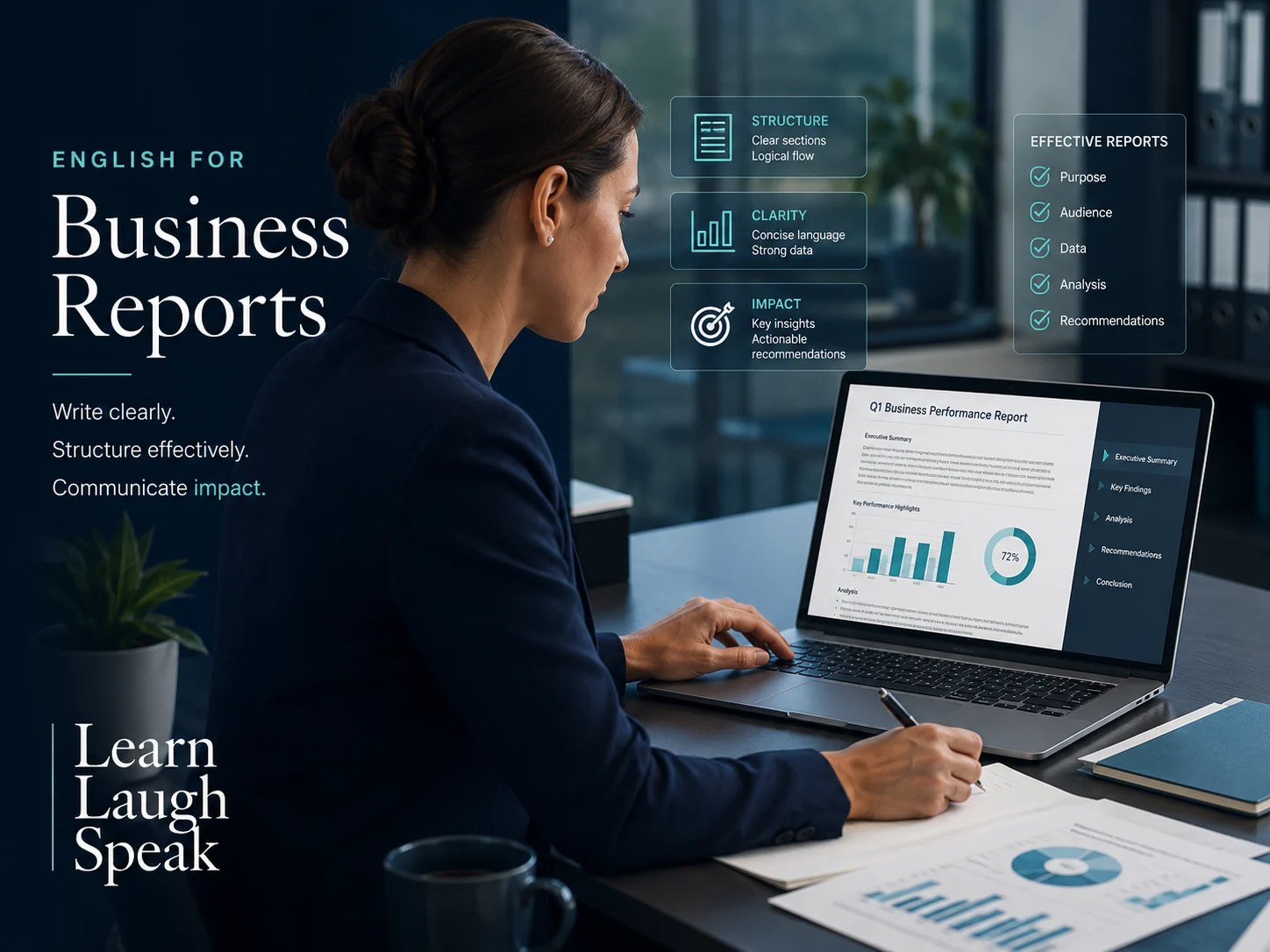 English for Business Reports blog main page with person reading business reports in English