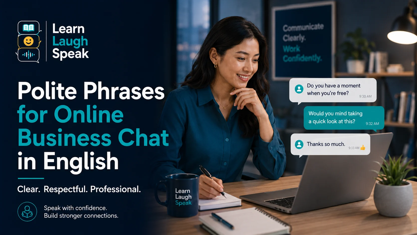 Learn Laugh Speak branded image helping adults write clear, polite, and professional online business chat messages in English.