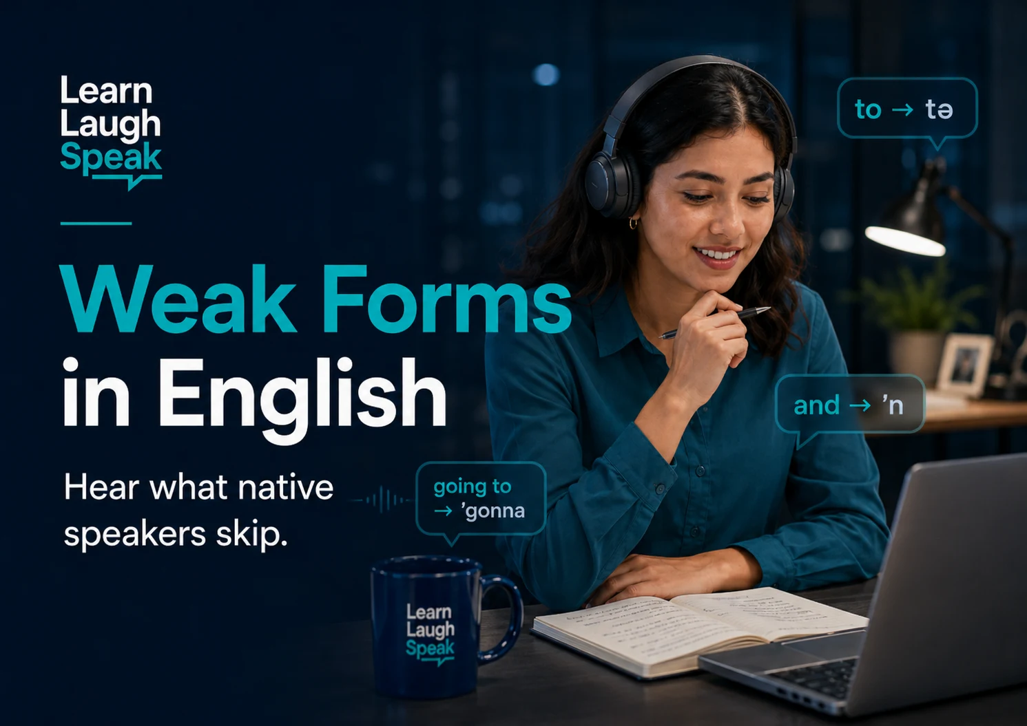 Adult English learner practising weak forms in English and natural pronunciation in a modern Learn Laugh Speak workspace.