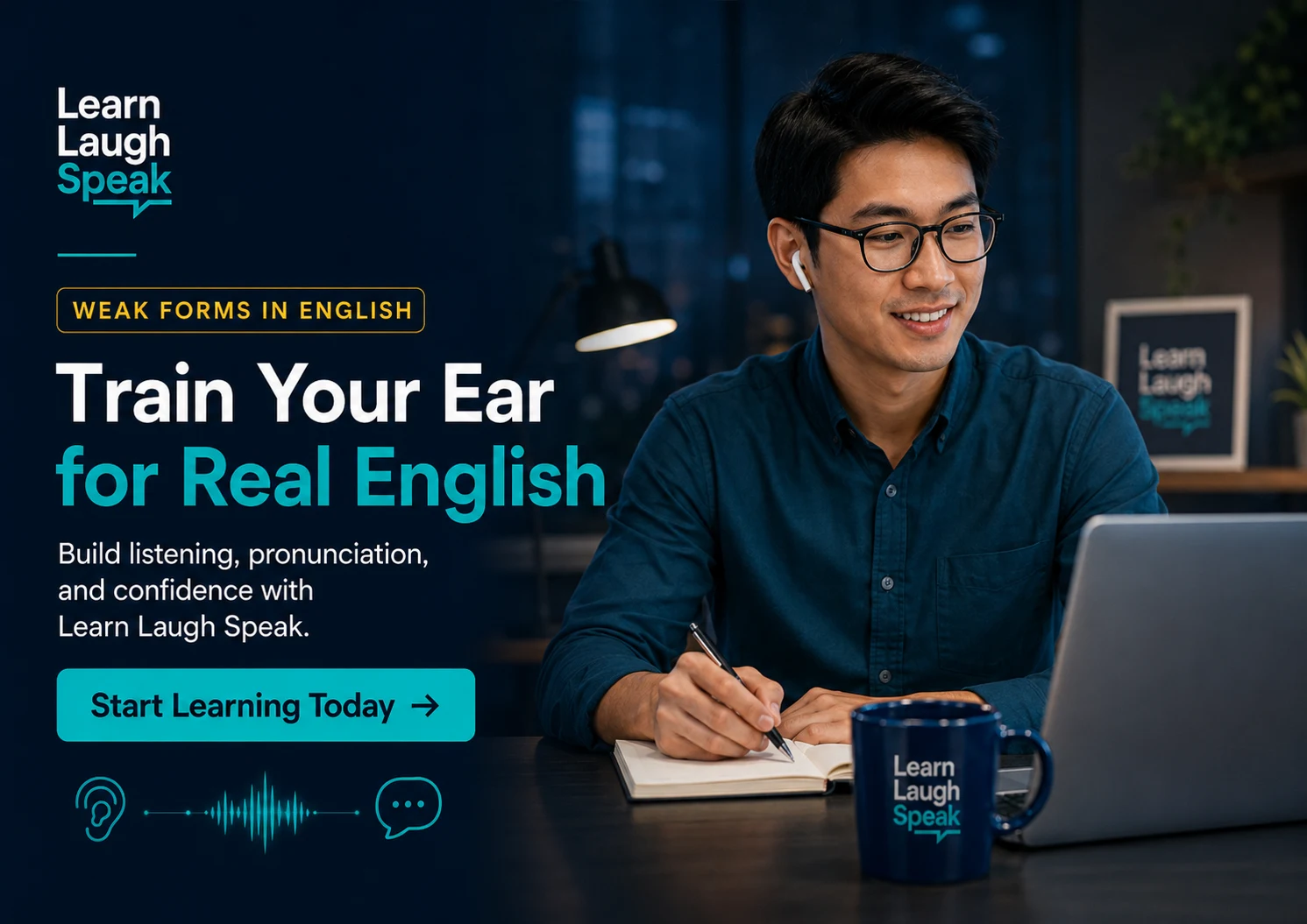 Learn Laugh Speak CTA image encouraging English learners to improve listening, pronunciation, weak forms, and natural spoken English.
