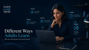 Adult learner using a digital learning platform showing different ways adults learn through practice, feedback, structure, and visible progress.