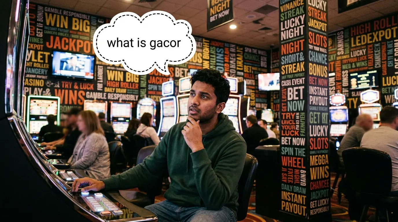 Casino floor with slot machines and a player asking what is gacor, explaining the gacor108 meaning in plain English casino terms.