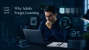 Adult learner reviewing notes and digital memory tools showing why adults forget learning when review, recall, and practice are missing.