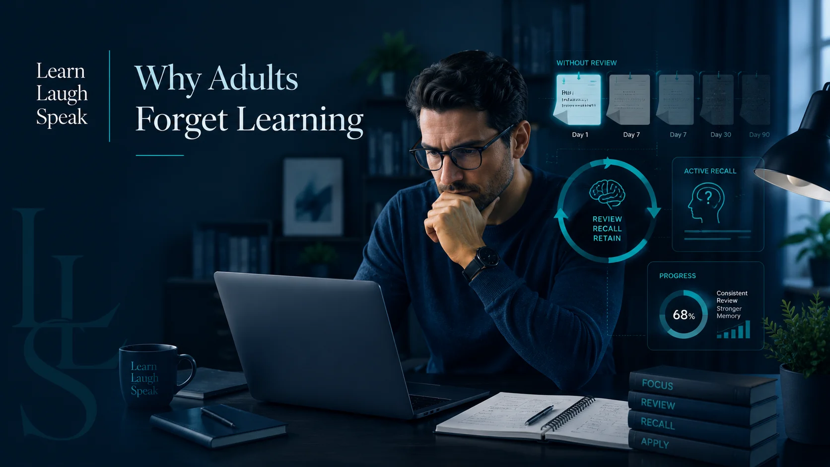 Adult learner reviewing notes and digital memory tools showing why adults forget learning when review, recall, and practice are missing.