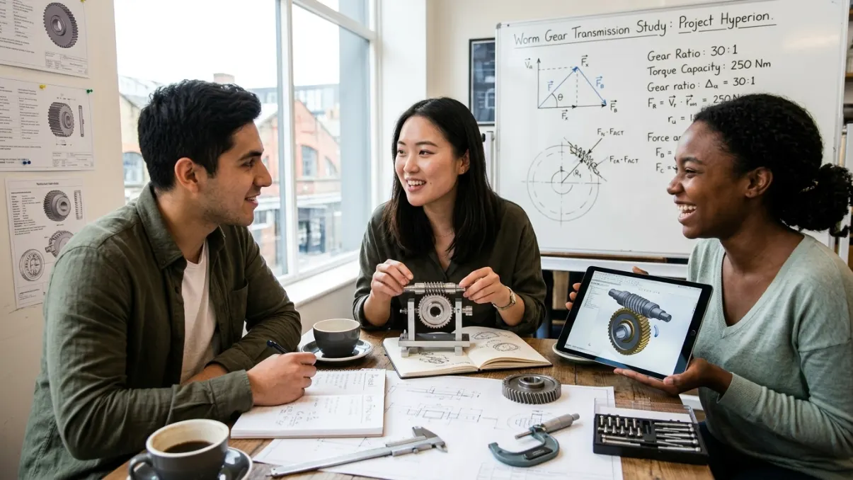 Engineers collaborate on a worm gear design, analyzing a 3D CAD model with precise tolerance, finish, and hardness callouts against physical samples and standard documents, visualizing the translation of technical English into manufacturing accuracy.
