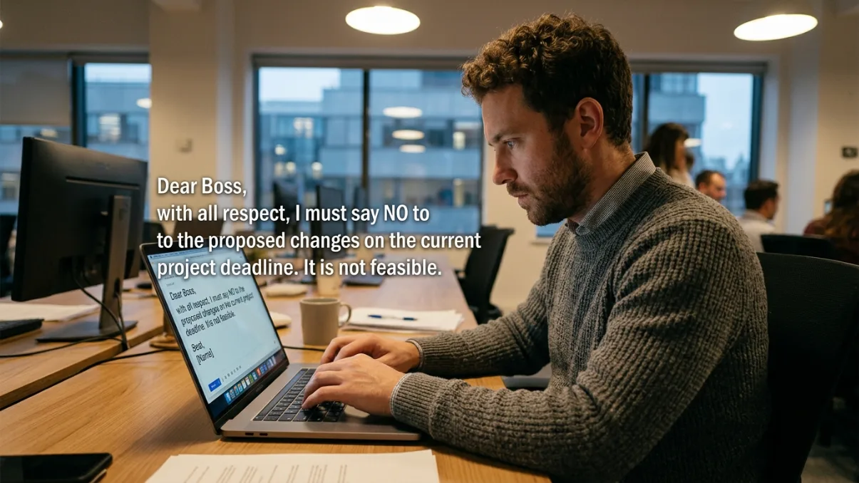 A man clearly writing a email to his boss to say no professionally