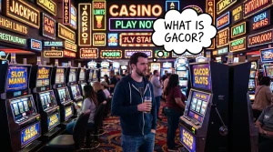 Casino player thinking about gacor meaning in English while sitting at slot machines surrounded by jackpot and lucky slot signs.