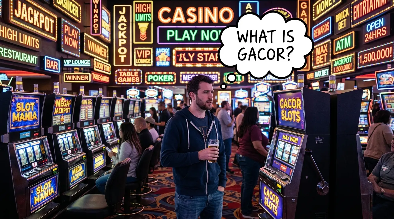 Casino player thinking about gacor meaning in English while sitting at slot machines surrounded by jackpot and lucky slot signs.