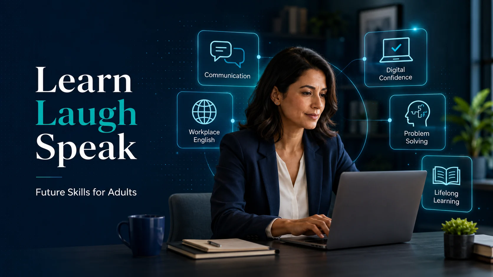 Future skills for adults shown through workplace English, digital confidence, communication, problem solving, and lifelong learning in a modern workspace.
