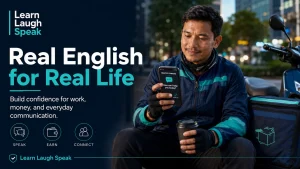 Delivery driver reviewing emergency funding options, vehicle repair costs, and financial English phrases in a Learn Laugh Speak branded workspace.