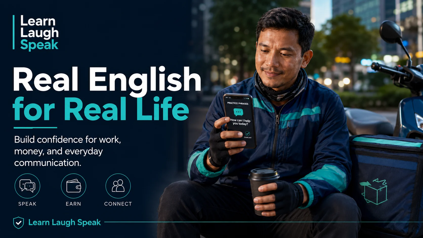 Delivery driver reviewing emergency funding options, vehicle repair costs, and financial English phrases in a Learn Laugh Speak branded workspace.