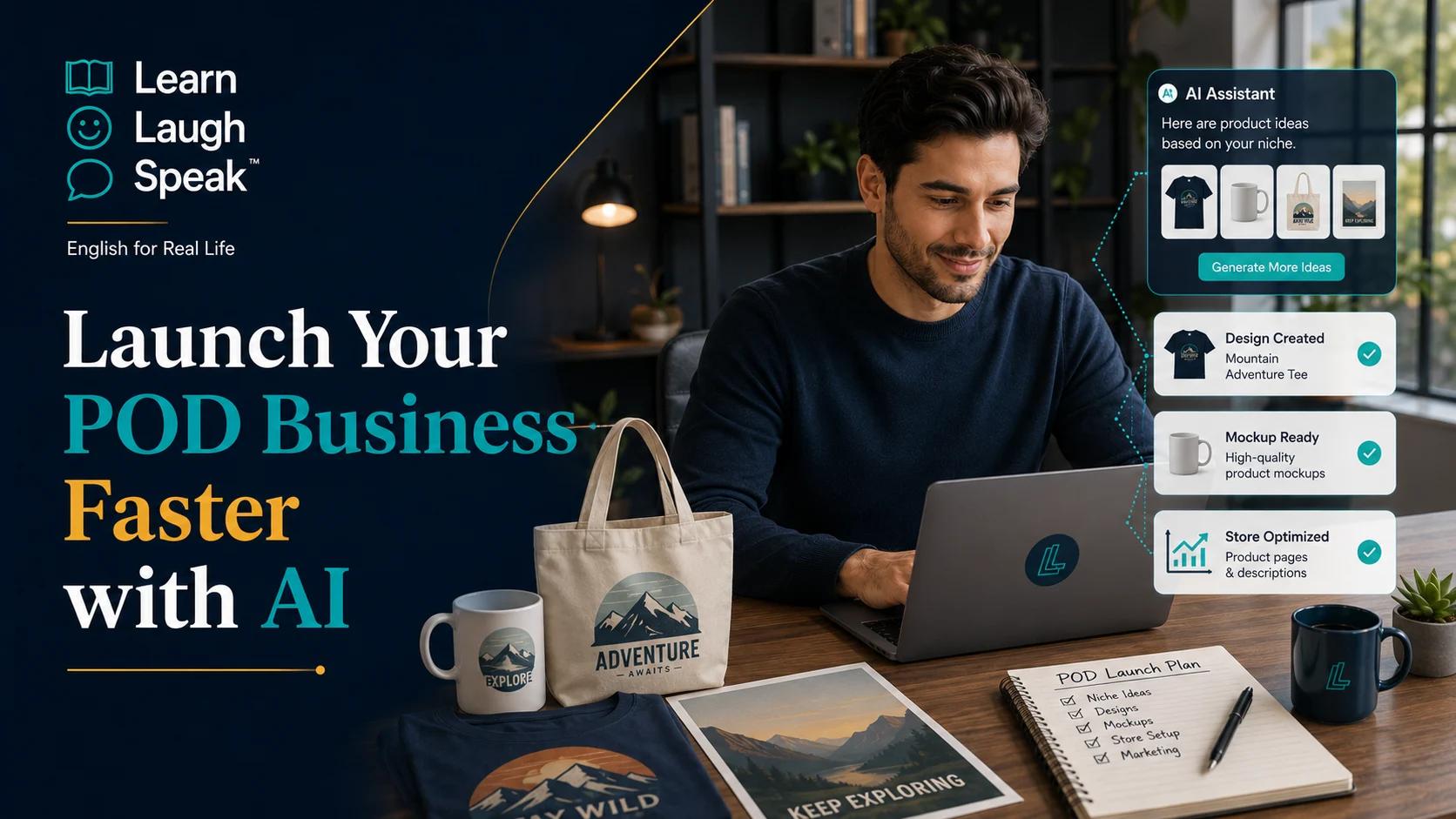 Learn Laugh Speak branded image showing an entrepreneur turning print-on-demand ideas into products using AI, product mockups, and online business tools.