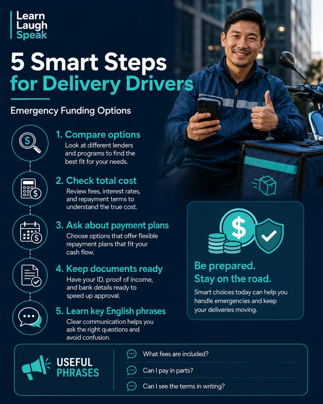 Infographic explaining emergency funding options for delivery drivers, including savings, payment plans, repair costs, warning signs, and key questions to ask.