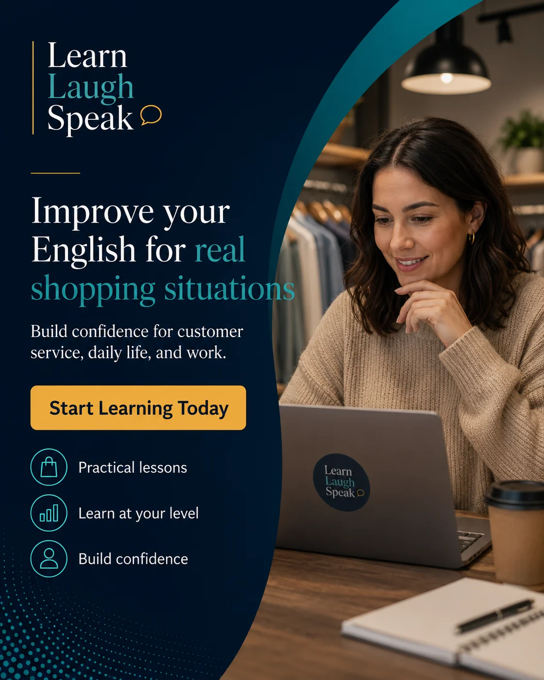 Learn Laugh Speak CTA image encouraging English learners to improve English for real shopping, customer service, daily life, and work situations.