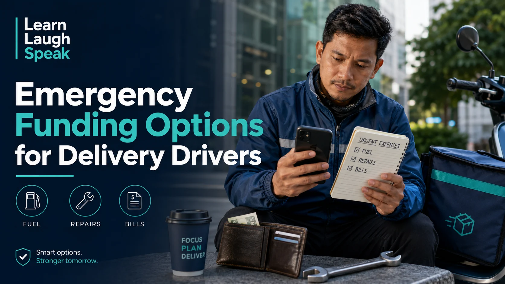 Learn Laugh Speak branded image connecting financial English, delivery driver emergencies, and clear communication for safer money decisions.