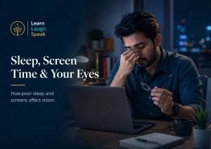 Adult English learner taking a screen break to protect their eyes while studying online with Learn Laugh Speak.
