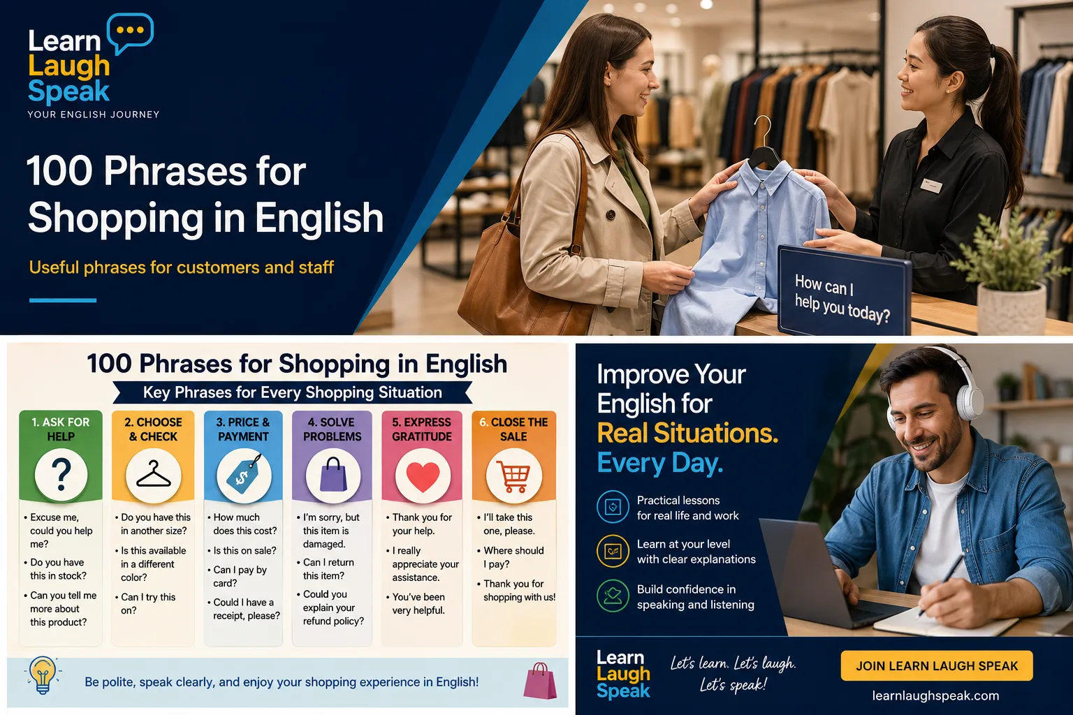 infographic for 100 phrases for shopping by learn laugh speak
