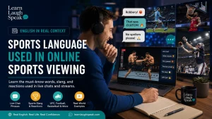 Learn Laugh Speak branded image helping adults understand sports English, online viewing phrases, live chat reactions, and commentary vocabulary.