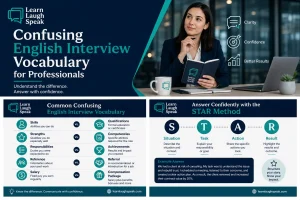 Adult professional reviewing confusing English interview vocabulary before a job interview with Learn Laugh Speak.