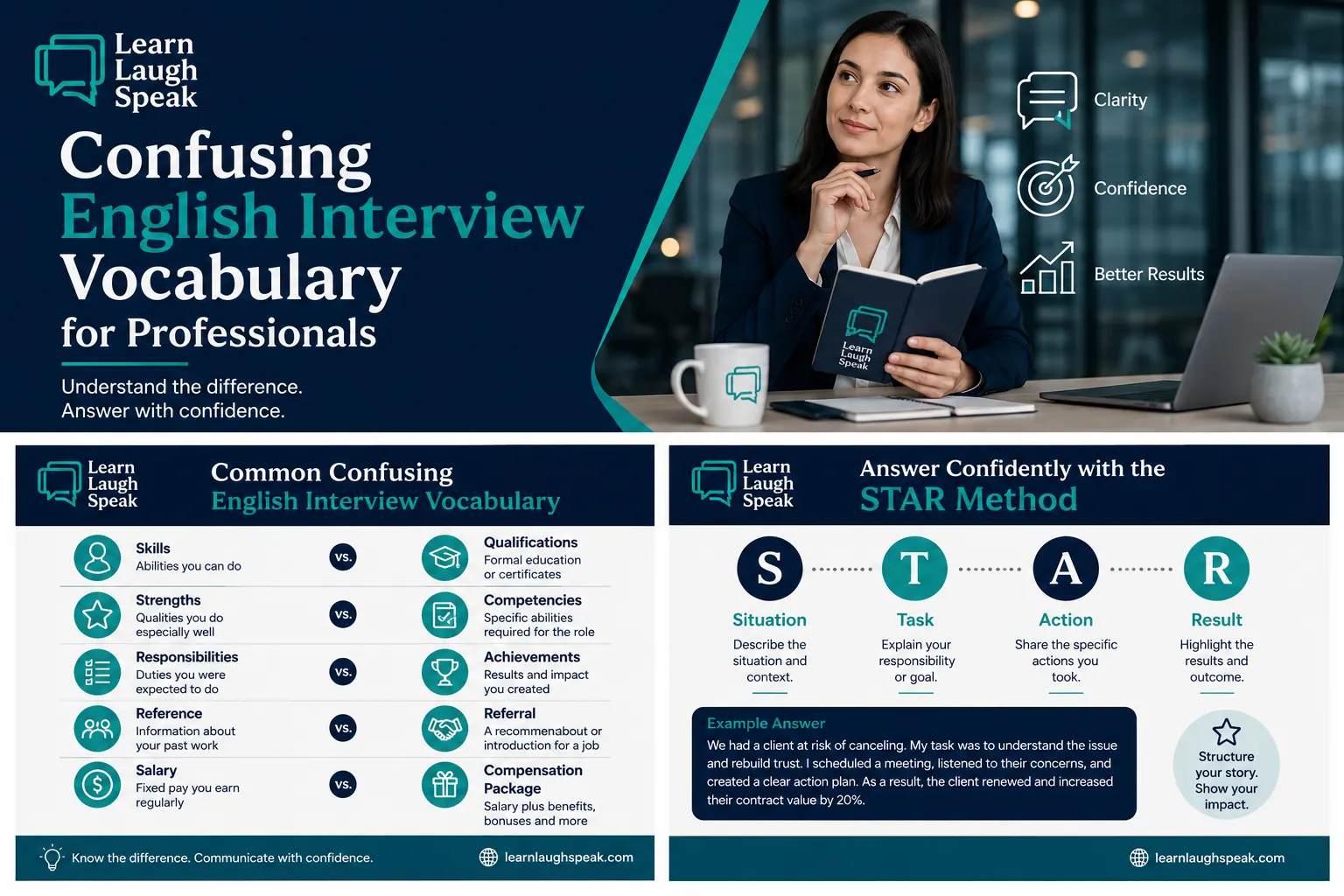Adult professional reviewing confusing English interview vocabulary before a job interview with Learn Laugh Speak.