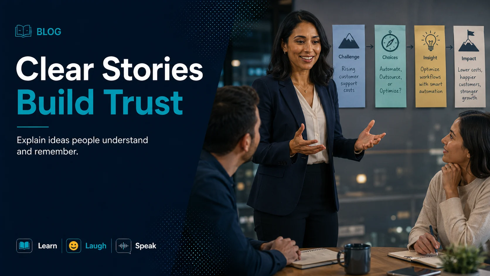 Team meeting showing clear business storytelling helping professionals explain ideas, build trust, and improve decision-making.