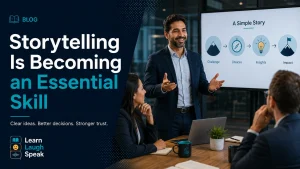 Business professional presenting how storytelling is becoming an essential skill for clear communication and stronger workplace trust.