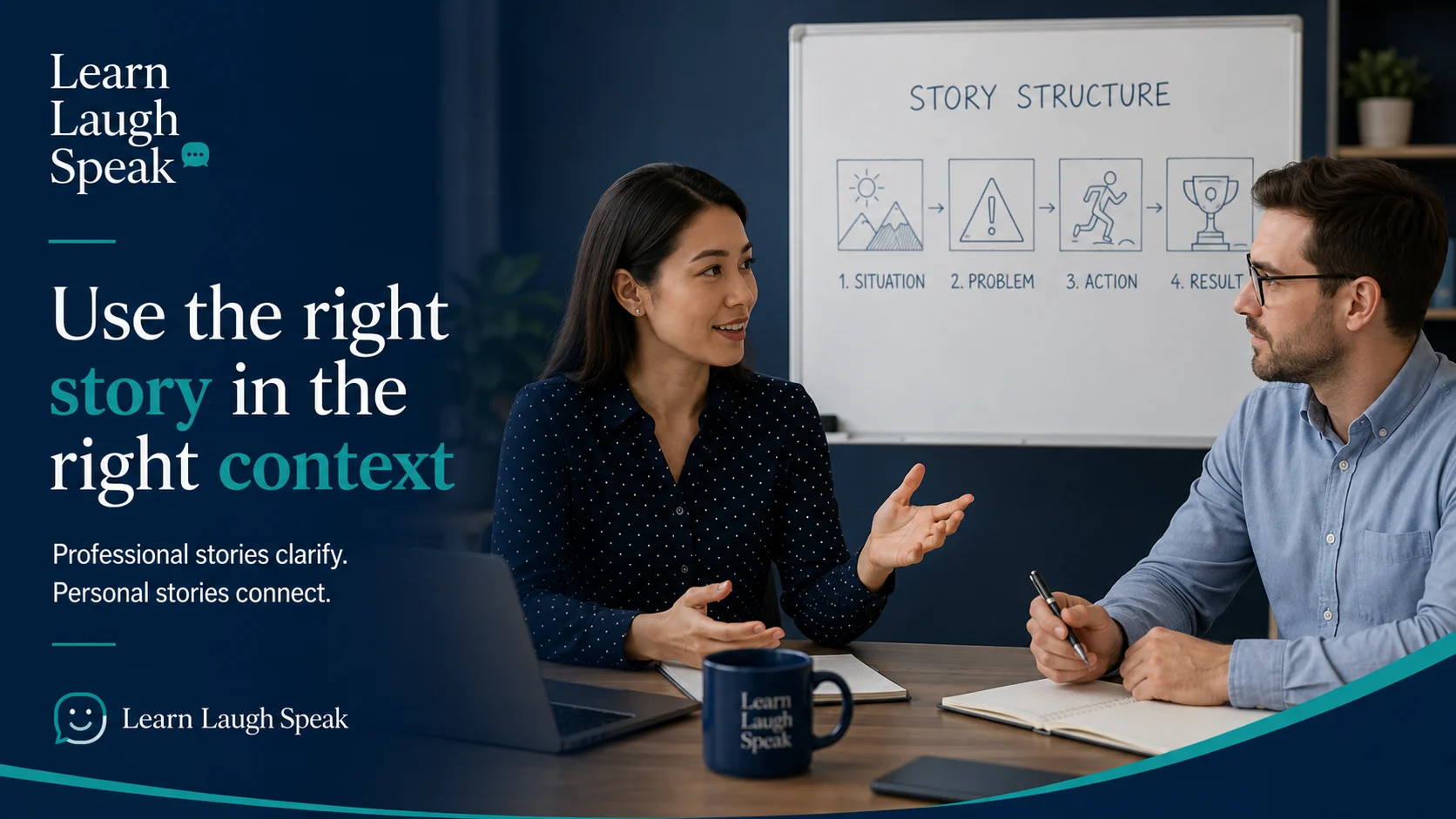 Business English learner comparing Professional Story Telling and Personal Story telling for workplace communication, interviews, and presentations.
