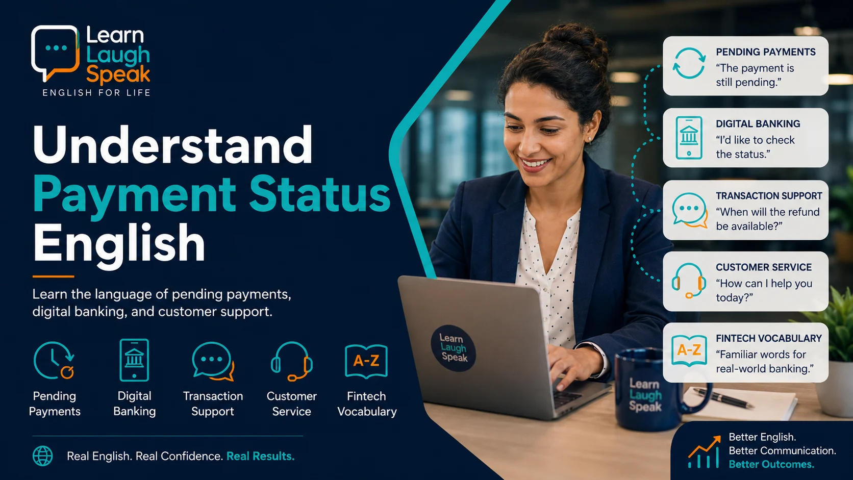 Learn Laugh Speak branded image helping adults understand pending payments, digital banking English, customer support phrases, and fintech vocabulary.